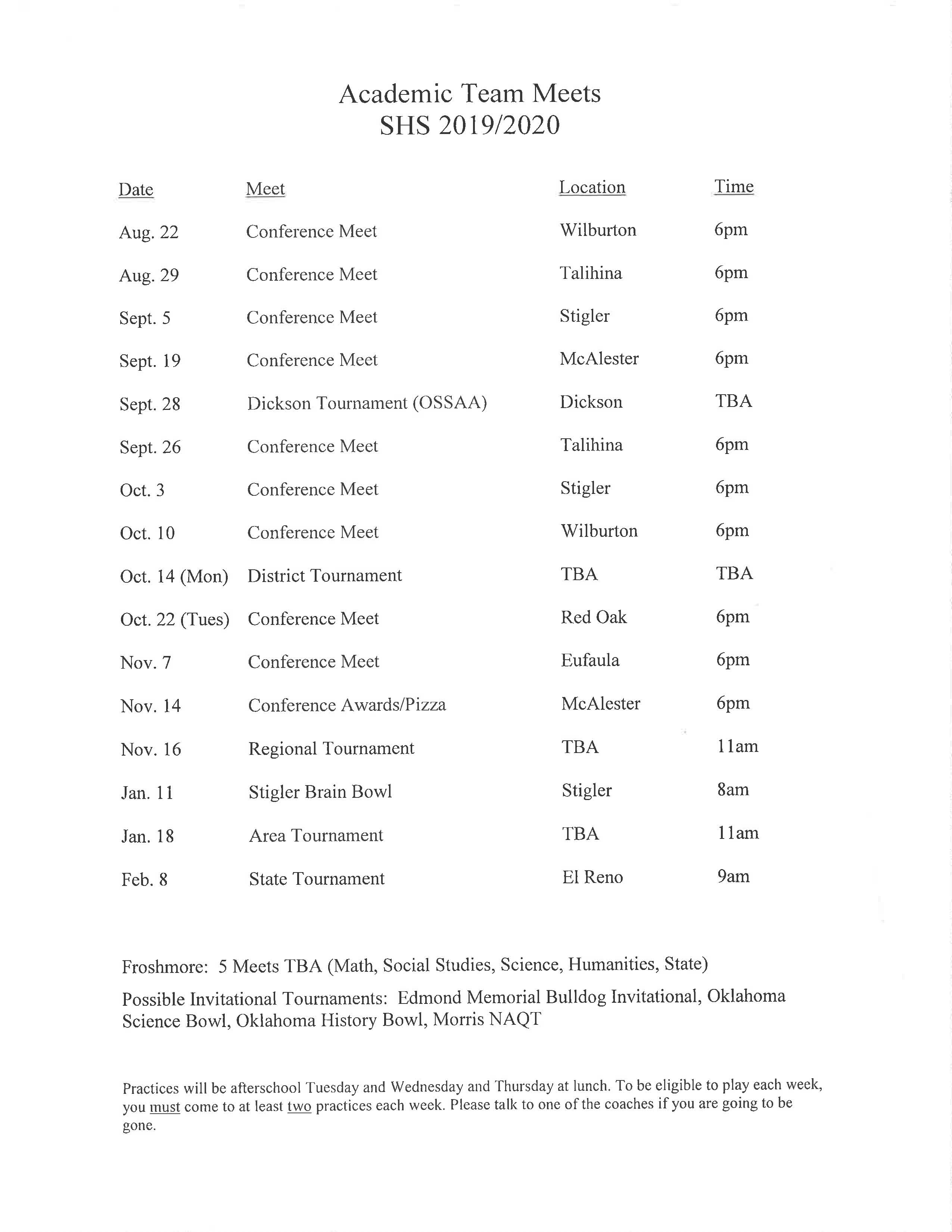 2019-2020 Academic Team Schedule
